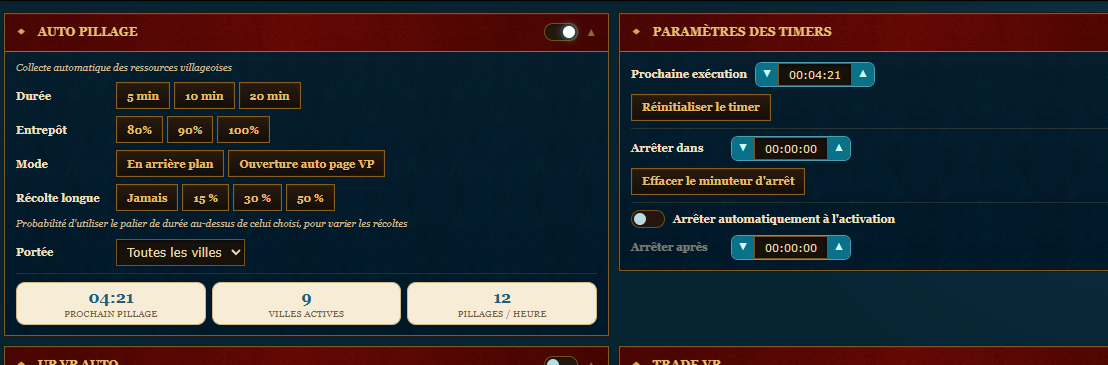 Réglages Auto Pillage et timers
